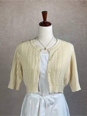 Cream Openwork Knit Cropped Cardigan
